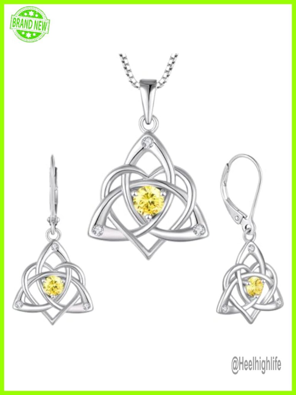 Celtic Knot Necklace Earrings Set 925 Sterling Silver 18k White Gold Plated